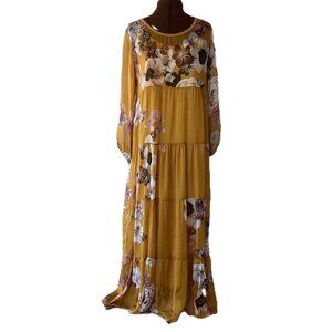 Mustard Yellow Silk Blend Floral Tiered Maxi Dress